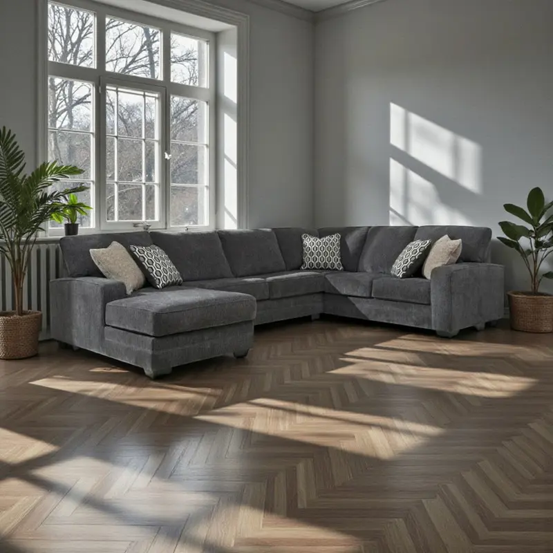 U-Shaped Linen and Swedish Wood Sectional Sofa – Grey – Dreniza – 343 x 269 x 85 x 85 cm